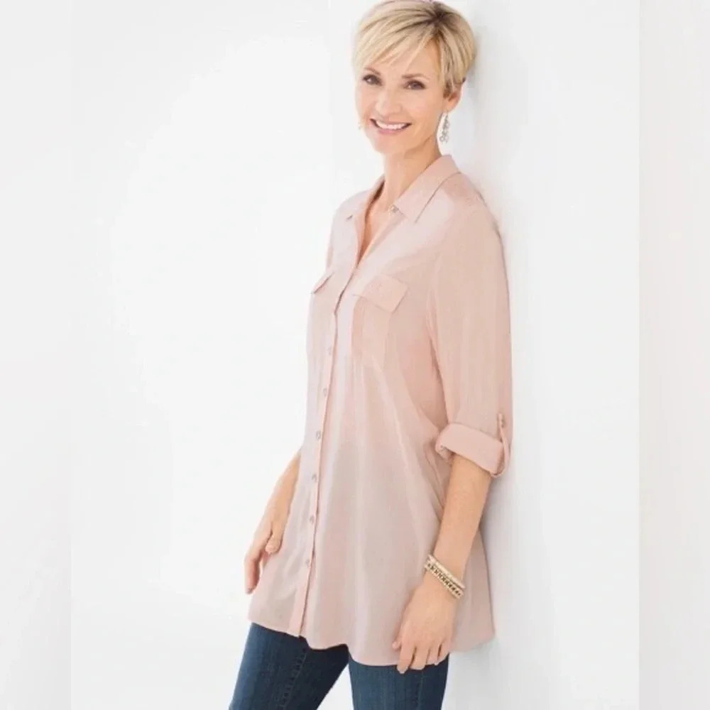 Chico’s Long Utility Button Down Shirt Tunic in light peach size US 12 / L